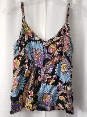 NWT XS Haute Hippue Style Black Multi Color Spaghetti Strap Flowy Tank Top